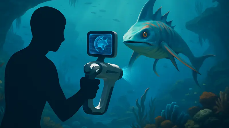 Изображение биосканера в Subnautica 2, показывающее его использование для сканирования подводной фауны.