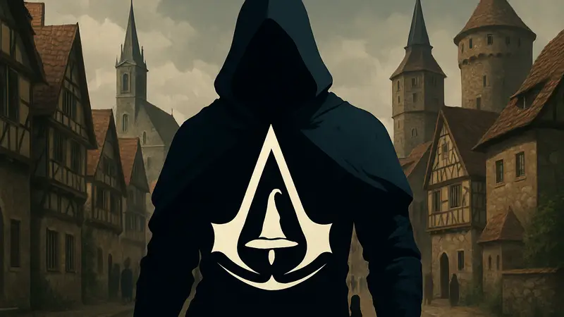 Логотип или концепт-арт Assassin's Creed Hexe, на фоне старинного немецкого города