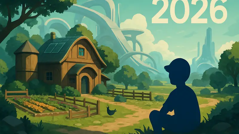 Футуристический дизайн или арт-стиль уютной игры, возможно с элементами фермы или пазла, с указанием 2026 года.