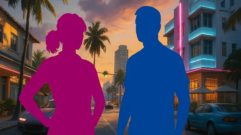 Скриншот или арт GTA 6 с персонажами Люсией и Джейсоном, подчеркивающий синие и розовые цвета