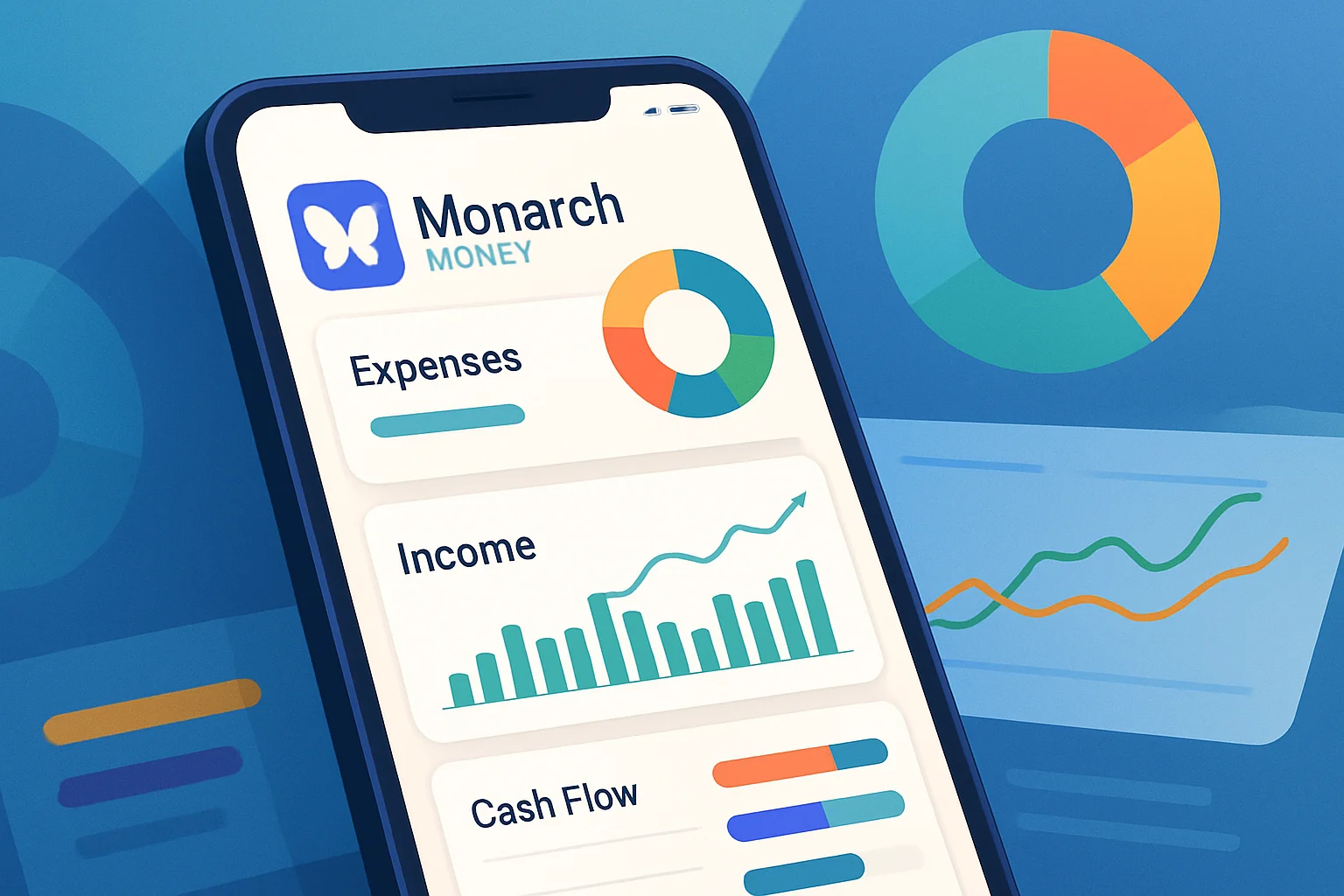 Интерфейс приложения для управления бюджетом Monarch Money с графиками расходов и доходов.