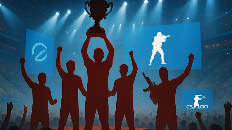 Киберспортсмены празднуют победу на турнире IEM Krakow по Counter-Strike на сцене перед толпой фанатов.