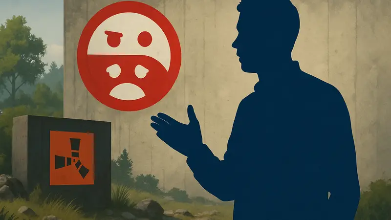 Официальное заявление Гарри Ньюмана о разработке Rust 2 на фоне логотипа Facepunch.