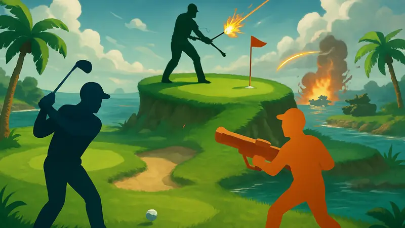 Игровой процесс Super Battle Golf, смесь гольфа и экшена, с кооп-игроками на Steam.