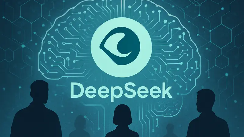 Логотип DeepSeek на фоне символизирующем искусственный интеллект и технологии нейронных сетей.