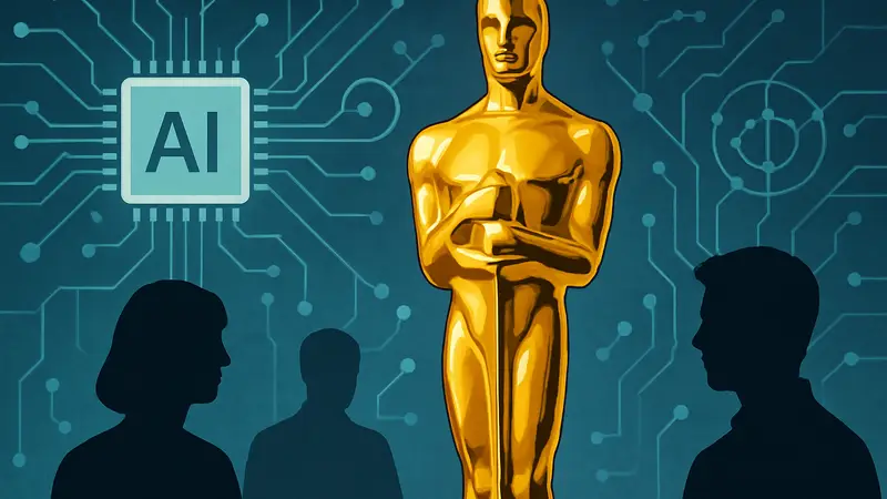 Золотая статуэтка «Оскара» на фоне символов искусственного интеллекта и нейросетей.