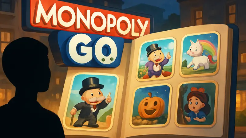 Логотип Monopoly GO и коллекция стикеров из новой серии альбома
