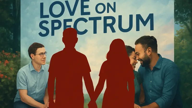 Герои четвёртого сезона сериала «Love on the Spectrum», держащиеся за руки, на фоне постера шоу.