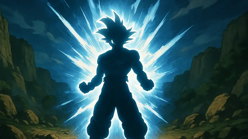 Гоку в одной из мощных трансформаций Dragon Ball, излучающий энергию.