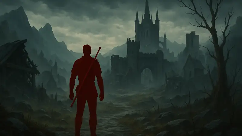 Кадр геймплея Gothic 1 Remake, демонстрирующий главного героя на фоне мрачного пейзажа Долины Рудников.