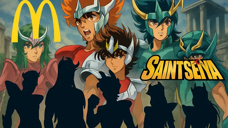 Логотипы McDonald’s Japan и Saint Seiya на фоне персонажей аниме, анонсирующие коллаборацию.