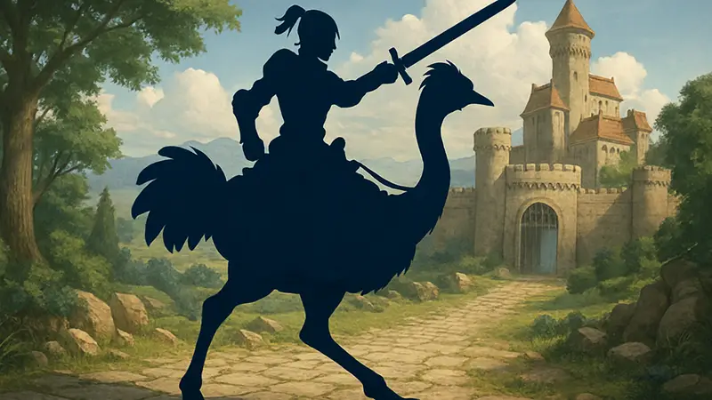 Кай верхом на боевом страусе в игре Fire Emblem Fortune’s Weave, с мечом наперевес.