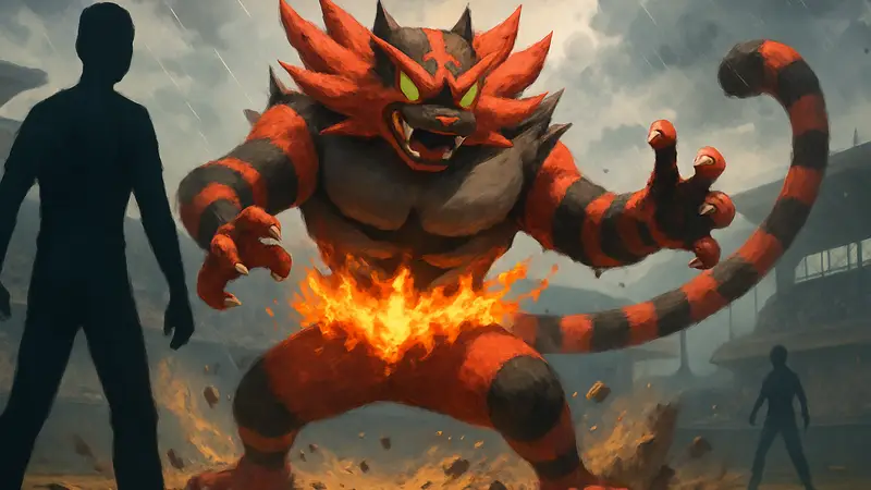 Изображение покемона Incineroar из игры Pokemon Champions, возможно, с эффектами силы или боя.