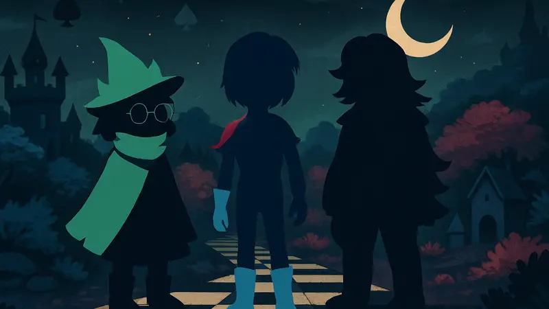 Главные персонажи Deltarune на фоне игрового мира, обложка гайда по прохождению игры