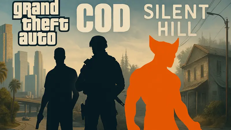 Логотипы игр GTA, Call of Duty, Silent Hill и Wolverine вместе на одной обложке.