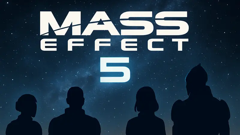 Логотип Mass Effect 5 на фоне звездного неба, символизирующий сюжетные теории