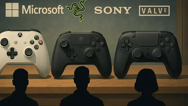 Подборка лучших ПК контроллеров 2026 года с логотипами Microsoft, Razer, Sony и Valve.