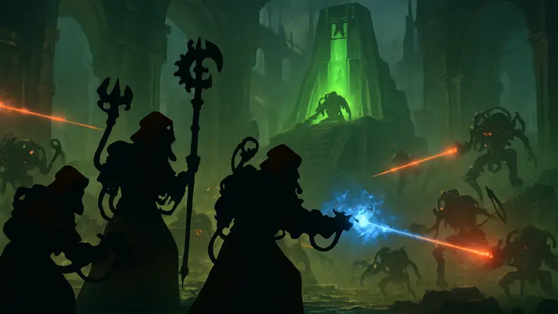 Скриншот Warhammer 40,000 Mechanicus 2 с техножрецами в бою.