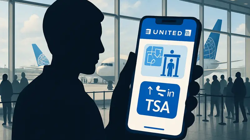 Интерфейс мобильного приложения United Airlines с информацией о времени ожидания TSA.