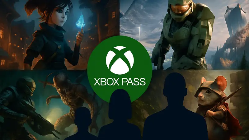 Коллаж из обложек новых игр для Xbox, включая Halo: Campaign Evolved и логотип Xbox Game Pass.