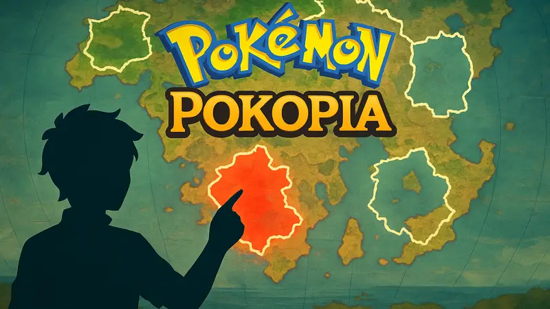 Логотип Pokemon Pokopia на фоне карты с отмеченными новыми регионами, символизирующими утечку данных.
