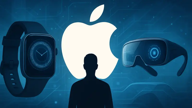 Логотип Apple на фоне футуристичных носимых AI-устройств, концепт нового гаджета.