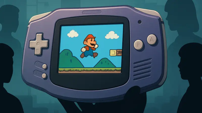 Изображение консоли Game Boy Advance, демонстрирующее её дизайн и игры на экране