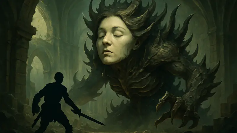 Монстр-босс из RPG с элементами лица спящей женщины. История из разработки игр, юмор в геймдеве.