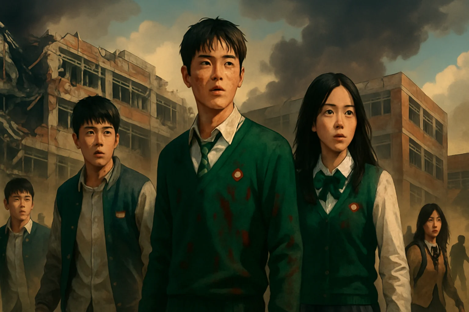 Постер второго сезона сериала «Все мы мертвы» от Netflix с главными героями на фоне разрушенной школы.