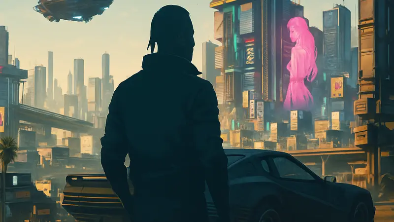 Обложка российской книги по Cyberpunk 2077 от издательства «Бомбора» на фоне Найт-Сити