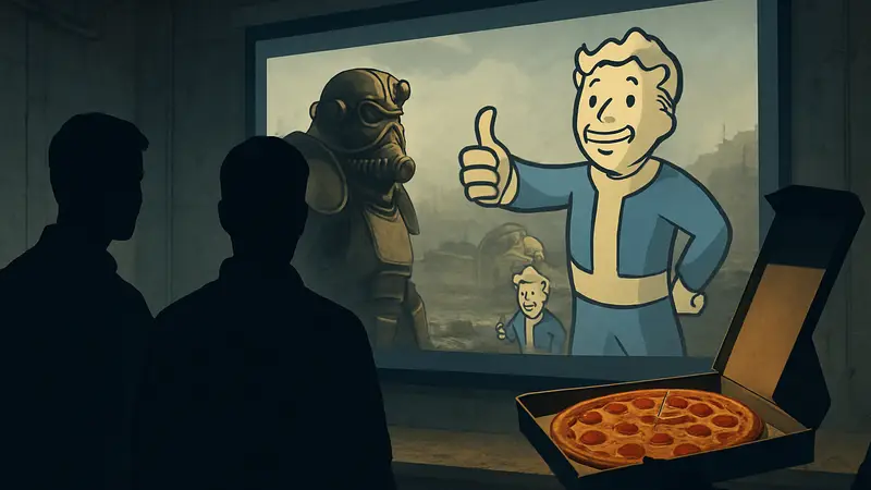 Разработчики игры Fallout смотрят презентацию движка с пиццей