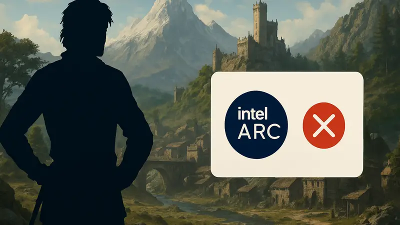 Изображение Crimson Desert с логотипом Intel Arc и сообщением об ошибке несовместимости видеокарты.