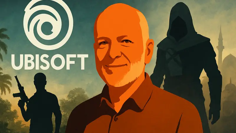 Логотип Ubisoft и Ив Гиймо на фоне анонсов новых игр Far Cry и Assassin's Creed
