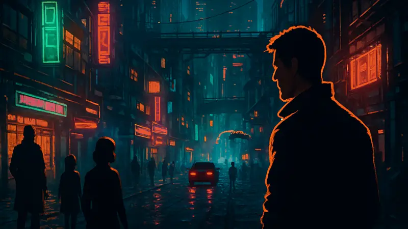 Кадры из игры The Last Night, демонстрирующие неоновый киберпанк-город и персонажей.