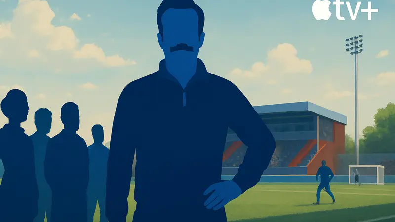 Обложка сериала Тед Лассо на AppleTV+, кадр с актёрами и логотип шоу.