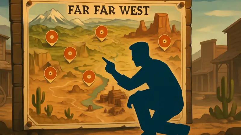 Игровая карта Far Far West с отметками локаций фрагментов дисков для эмоции Prisiadki.