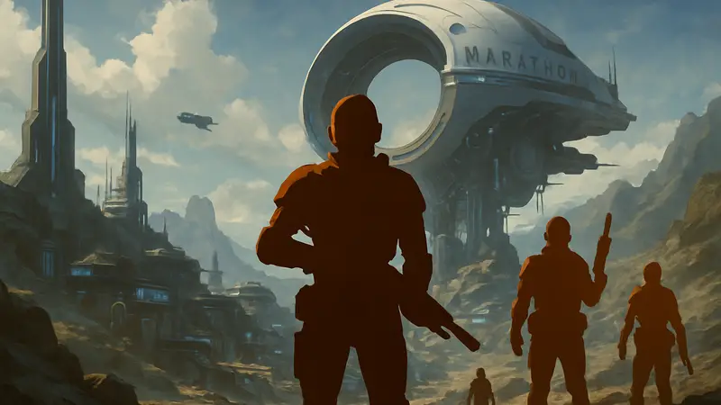 Концепт-арт шутера Marathon от Bungie, показывающий футуристический мир и персонажей