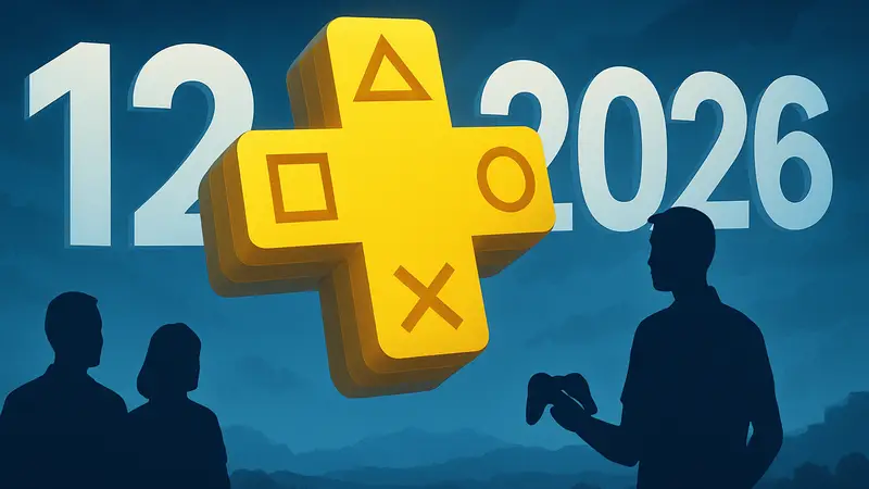Логотип PlayStation Plus с датами и цифрой 12, символизирующий анонс игр до 2026 года.