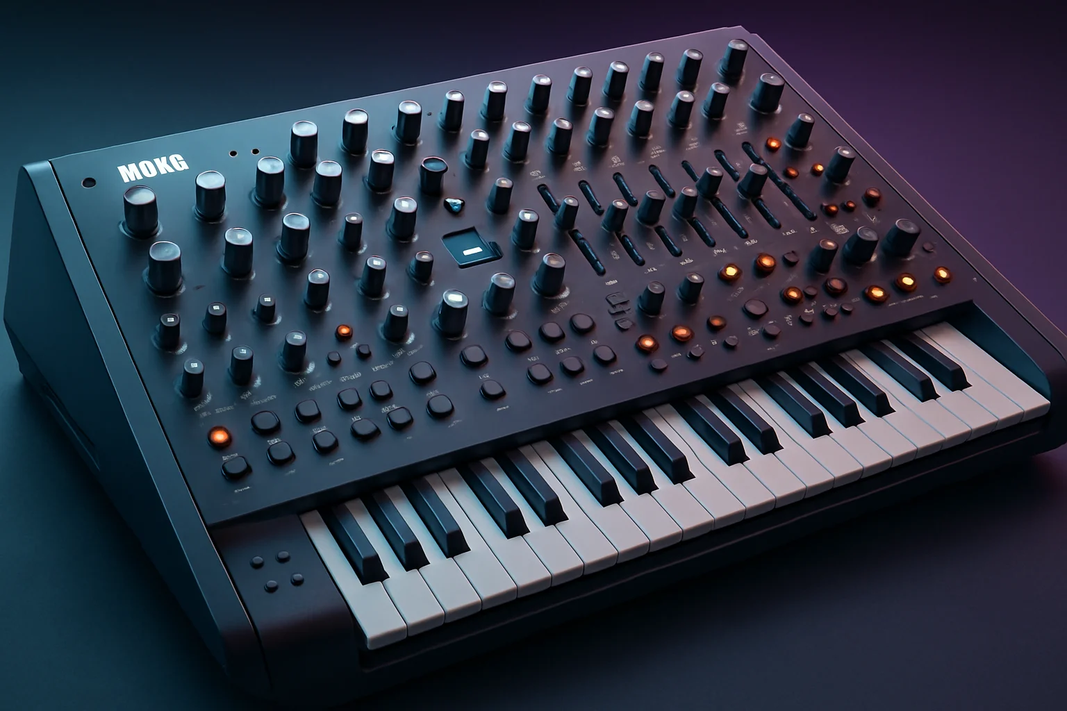 Футуристический синтезатор Korg Phase8 с множеством ручек и кнопок, демонстрирующий его экспериментальный дизайн.