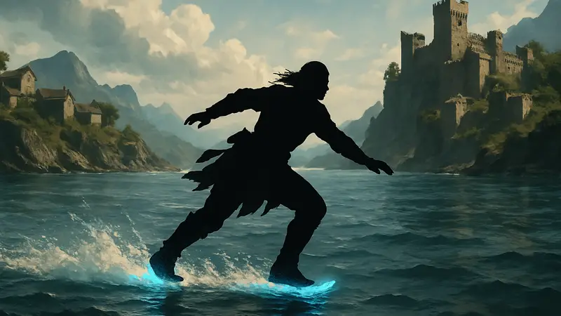 Изображение персонажа в игре Crimson Desert, скользящего по поверхности воды в ботинках Парохода, демонстрирующего уникальные возможности.