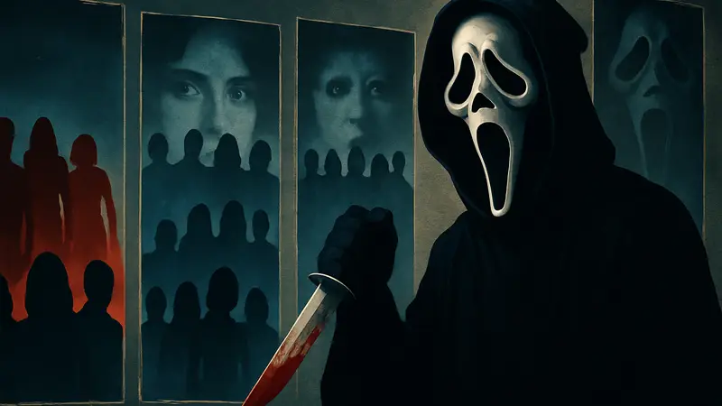 Призрачное лицо из франшизы «Крик» держит нож, на фоне постеры всех частей фильма.