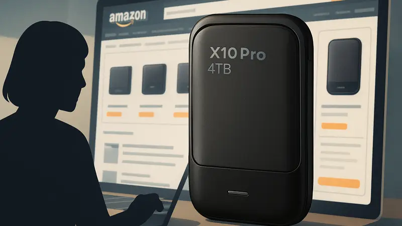 Портативный SSD Crucial X10 Pro 4TB на фоне открытой страницы Amazon