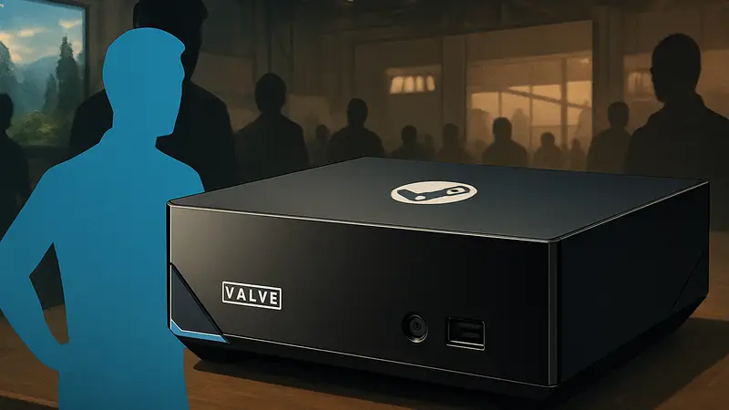Изображение игровой консоли Steam Machine с логотипом Valve, демонстрирующее её дизайн.