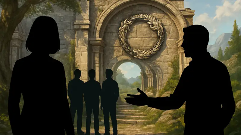 Разработчики Zenimax Online Studios на фоне логотипа Elder Scrolls Online, успокаивающие фанатов.