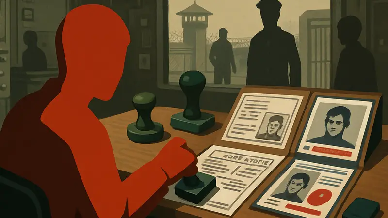 Иллюстрация игрового процесса Papers, Please-подобной игры, с документами и штампами