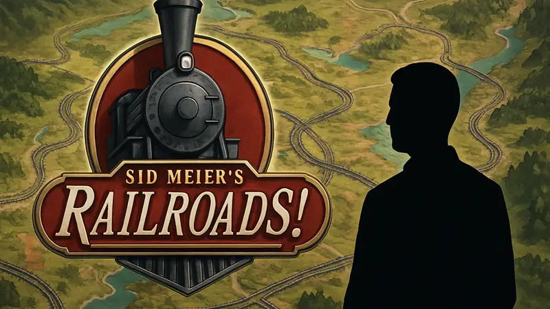 Логотип игры Sid Meier's Railroads! на фоне карты с железнодорожными путями
