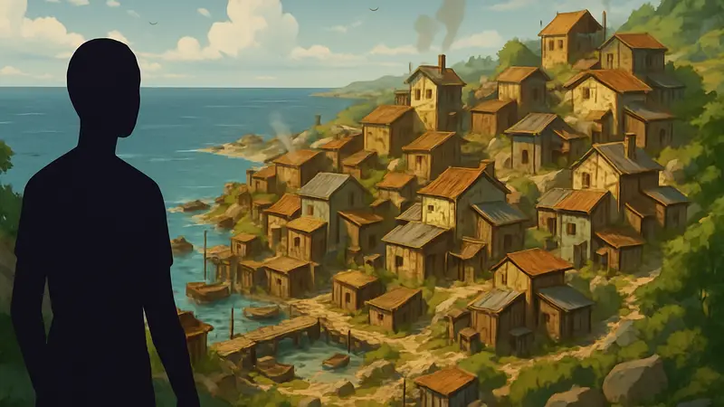 Скриншот или концепт-арт градостроительной игры Shanty Town с поселением на фоне моря