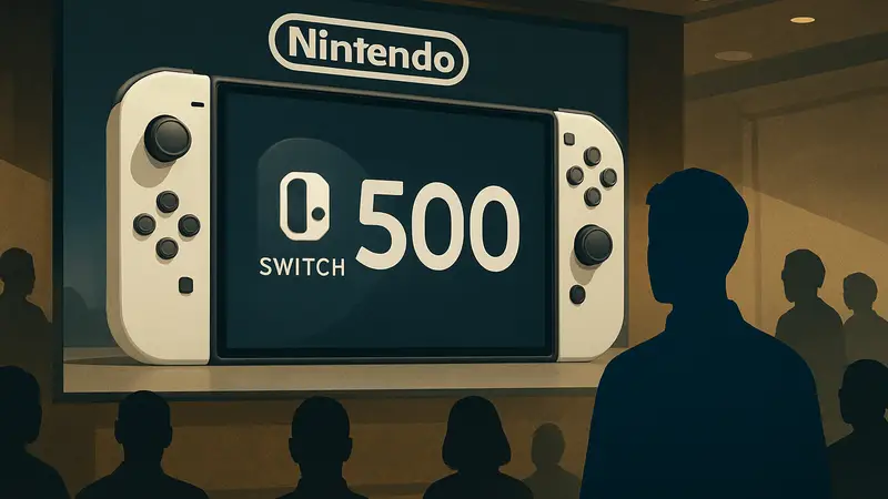 Изображение консоли Nintendo Switch 2, демонстрирующее новую цену $500 и логотип Nintendo