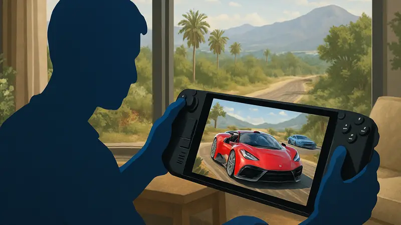 Игрок наслаждается гонками Forza Horizon 6 на портативной консоли Steam Deck