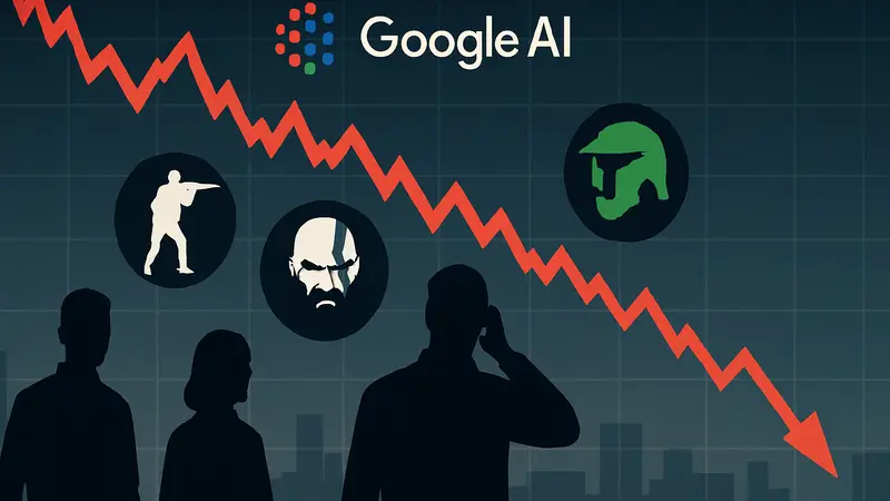 График падения акций на фондовом рынке с логотипами игровых компаний и Google AI.